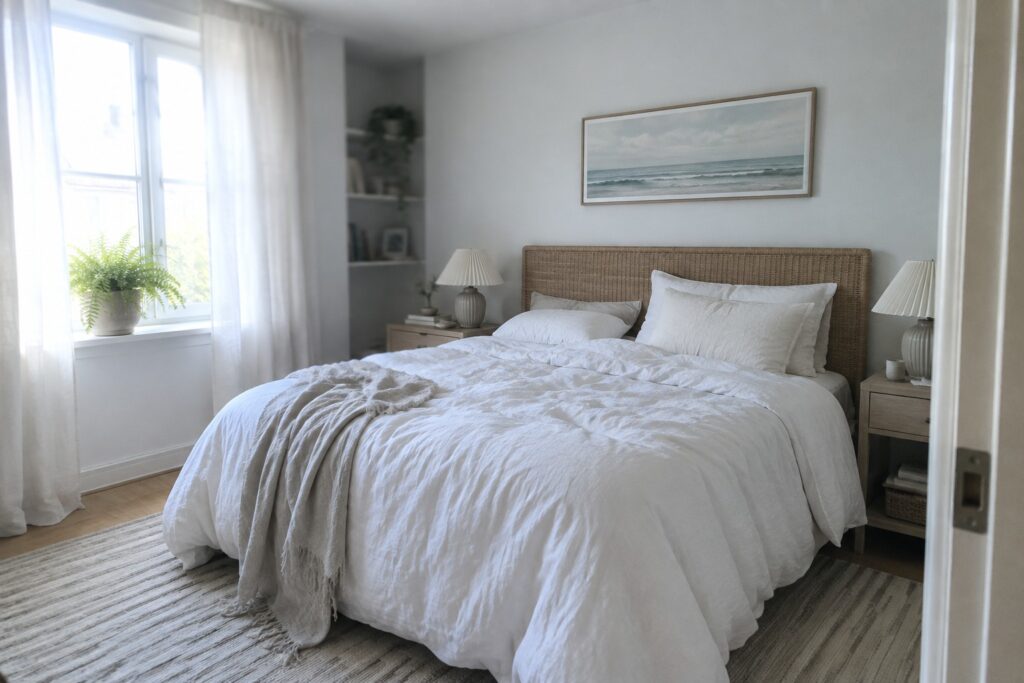 Serene bedroom with white bedding, rattan headboard, ocean artwork, and striped rug.