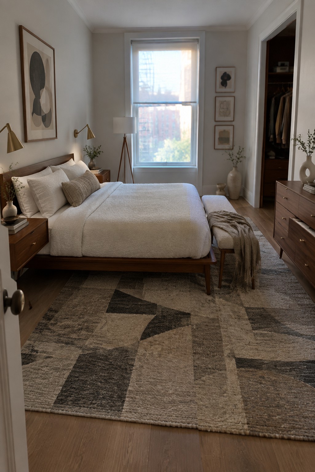 Soft white walls in a bedroom with warm wood furniture and a large window.