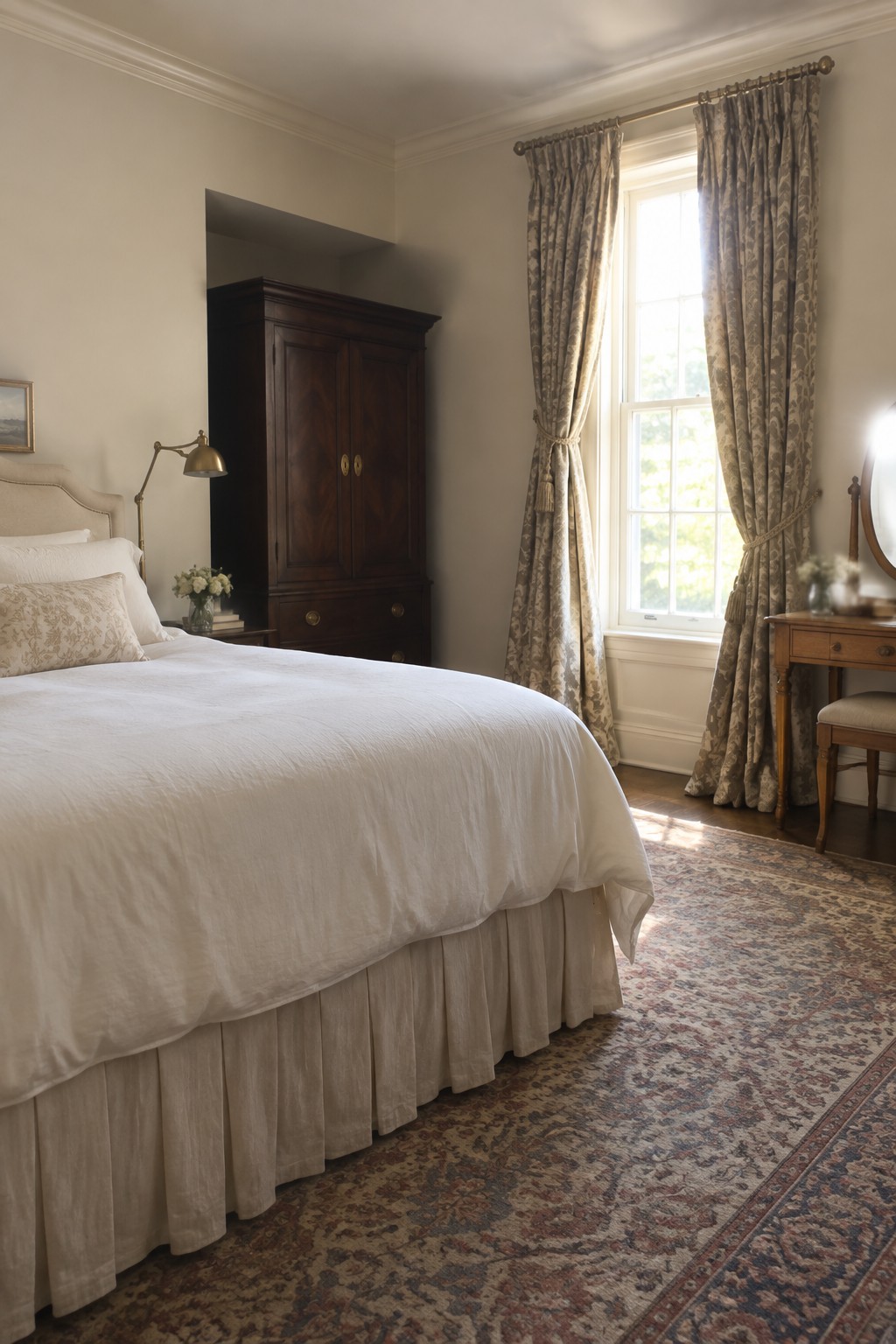 Elegant bedroom with white bed, dark wood armoire, and patterned window curtains