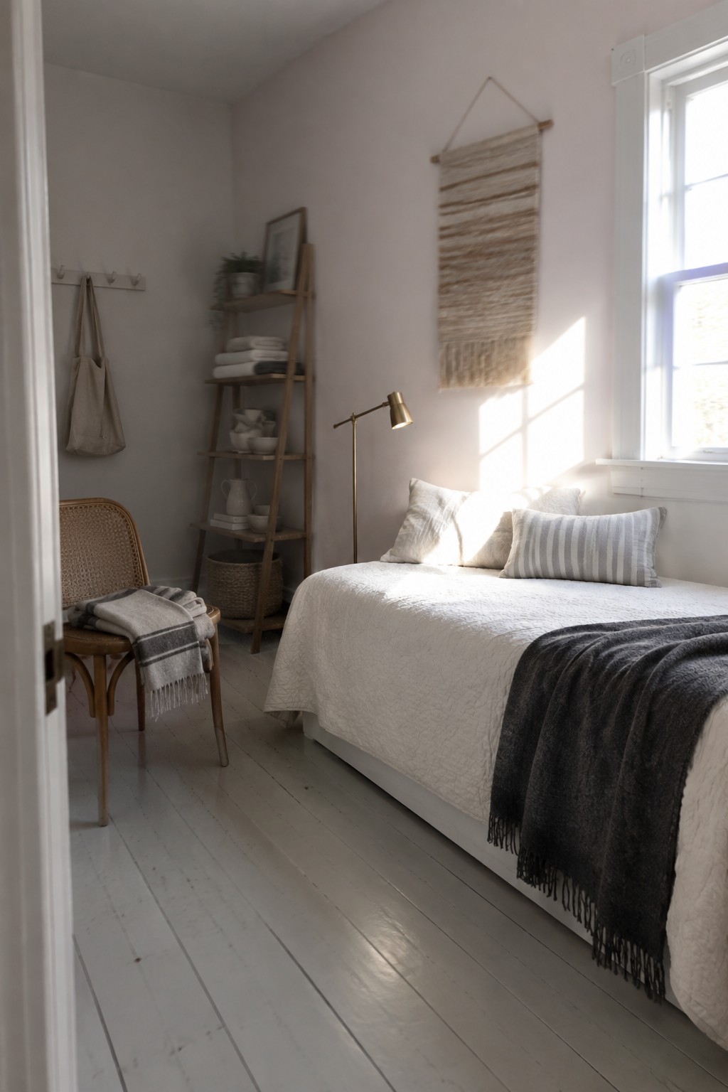 Soft warm white walls in a bright bedroom with light wood flooring.