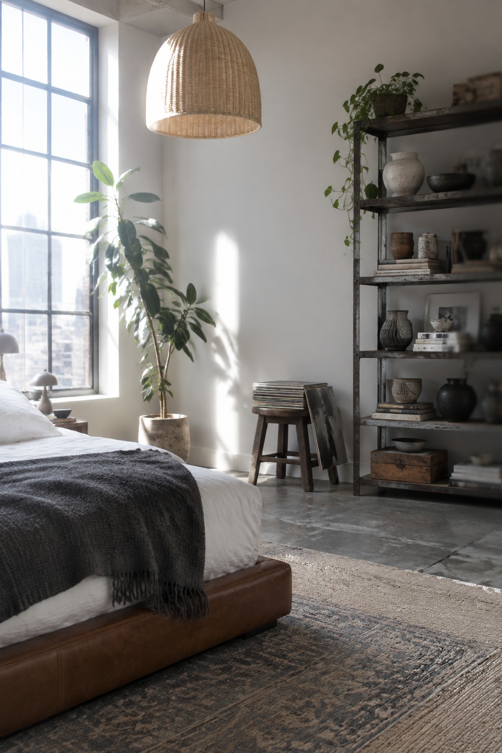 Modern bedroom with white linens, brown leather bed, woven lamp, and metal shelves