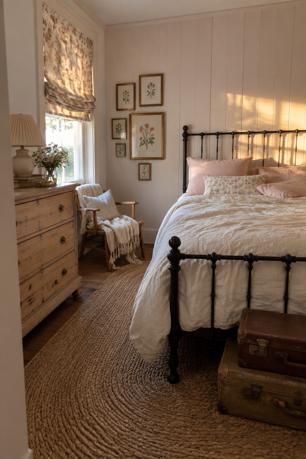 Cozy bedroom with black iron bed, white linens, pink pillows, woven rug, and vintage suitcases