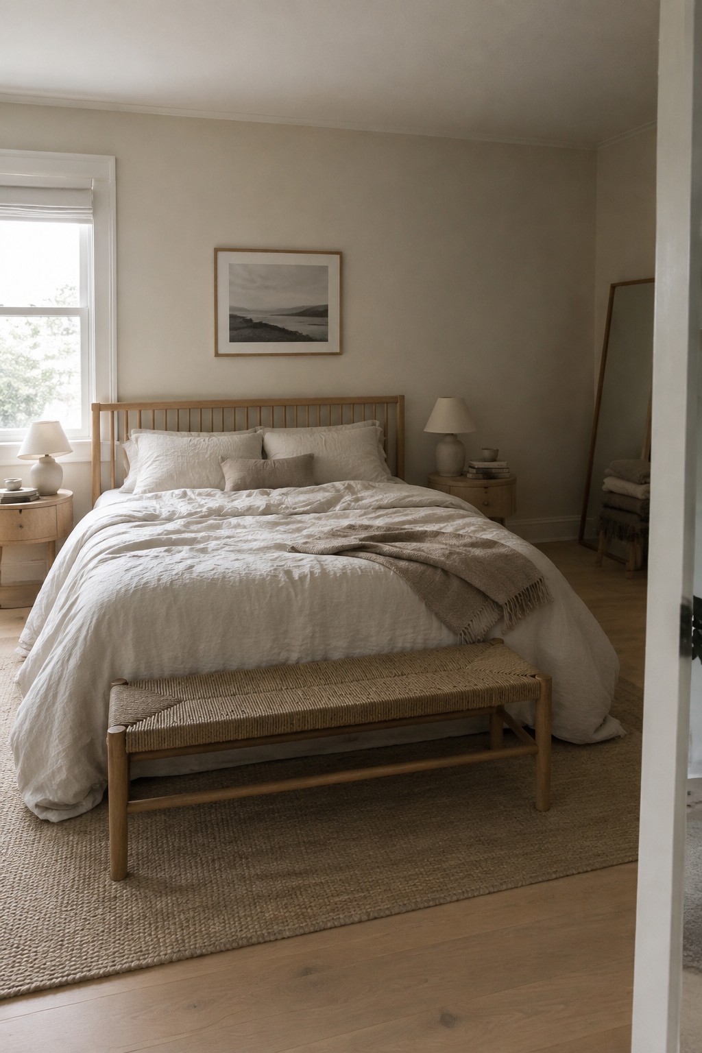 A bedroom with soft warm white walls and light wood furniture.