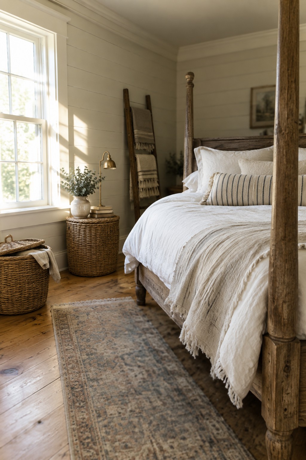 A bedroom with warm soft white walls next to wooden furniture and flooring.