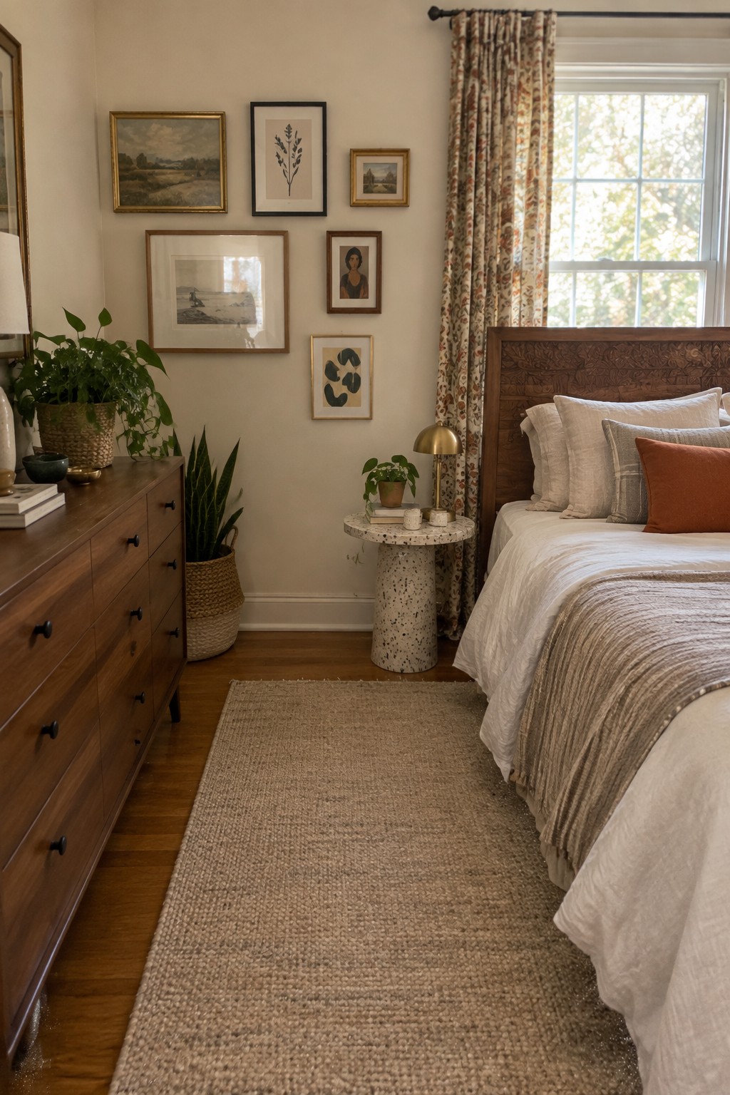 Cozy bedroom with wooden dresser, gallery wall art, woven rug, and white bedding.