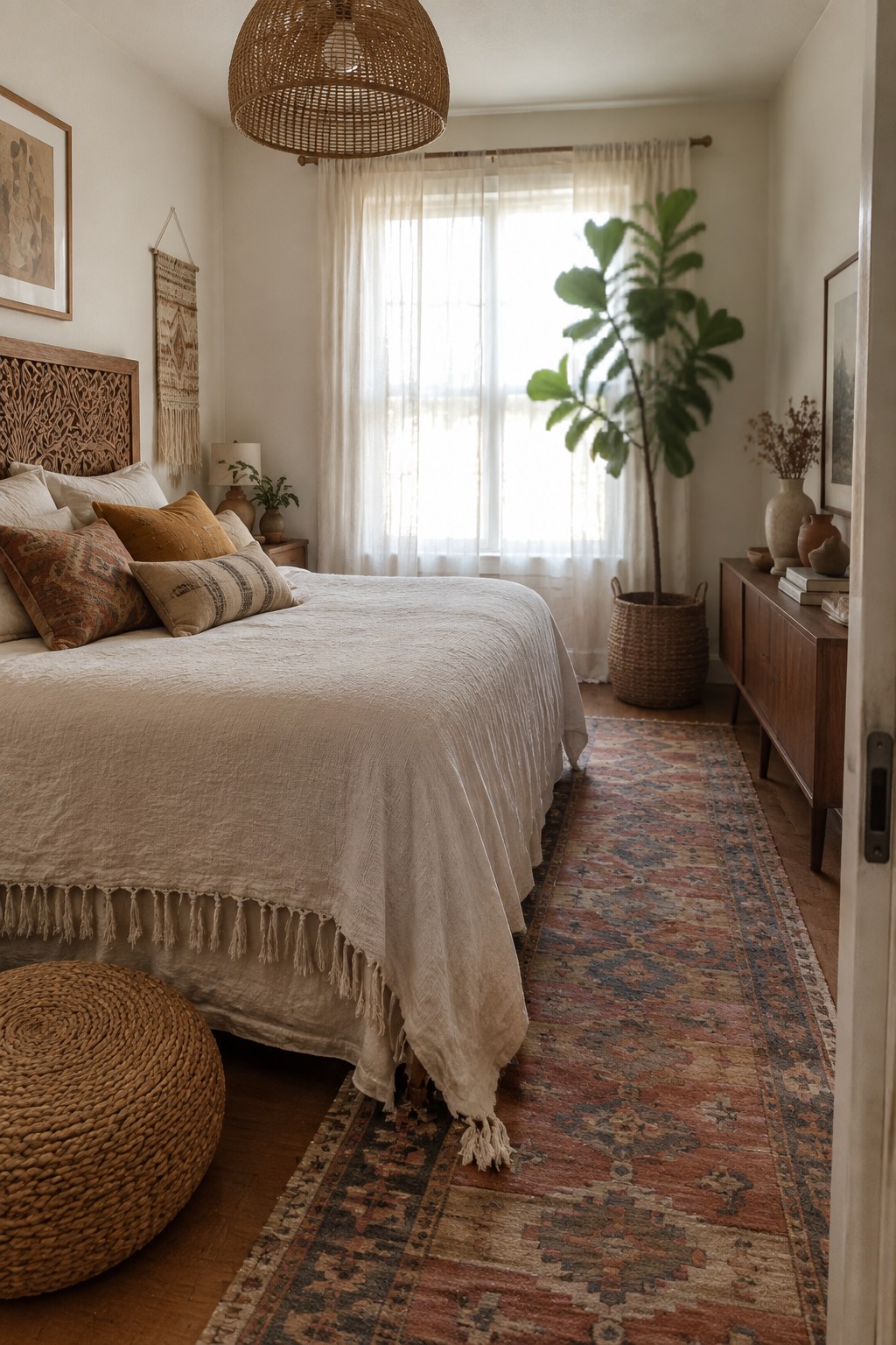 Boho bedroom with fringed white bed, rattan pendant light, and colorful rug