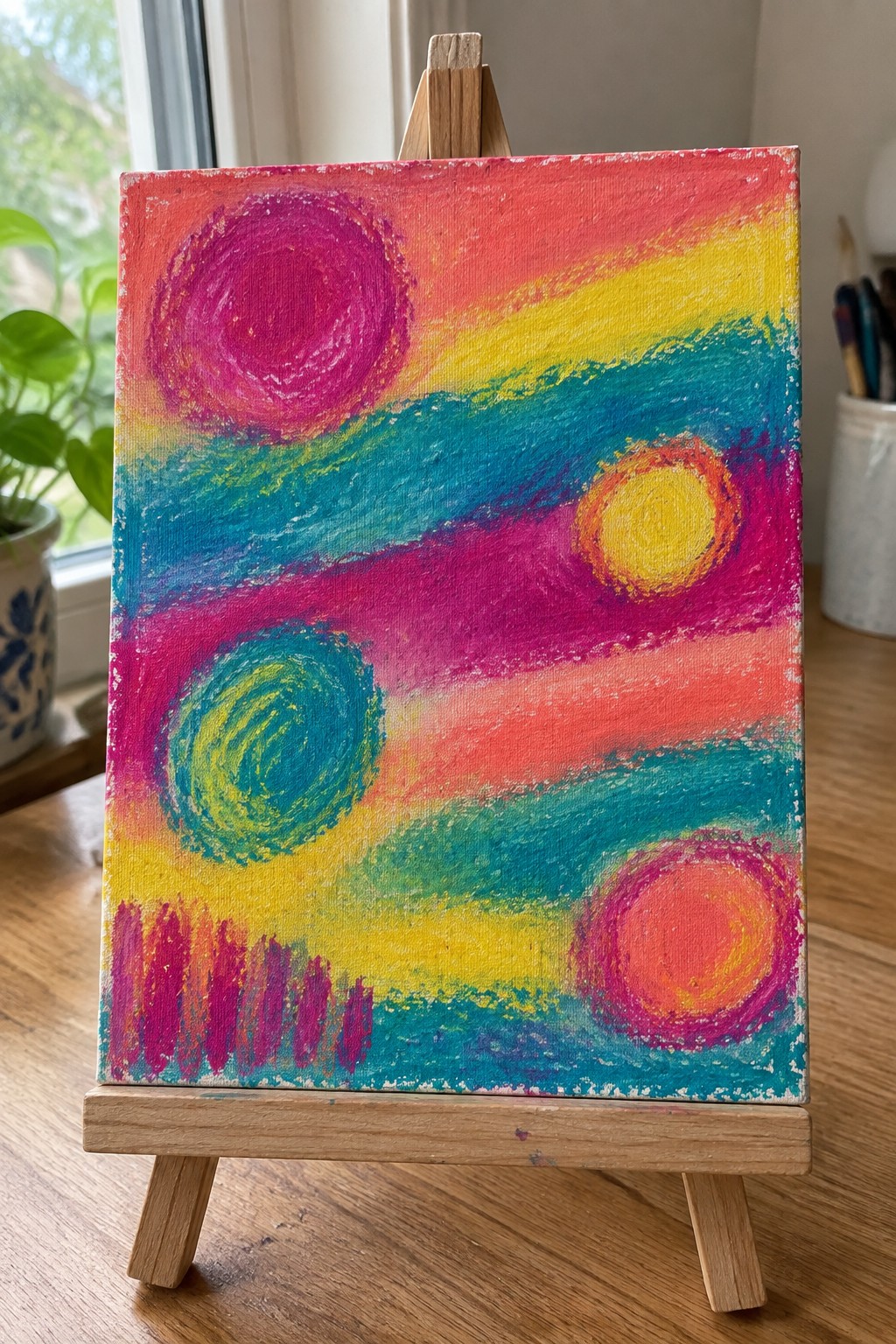 Vibrant abstract painting with colorful circles and swirls on a wooden easel.