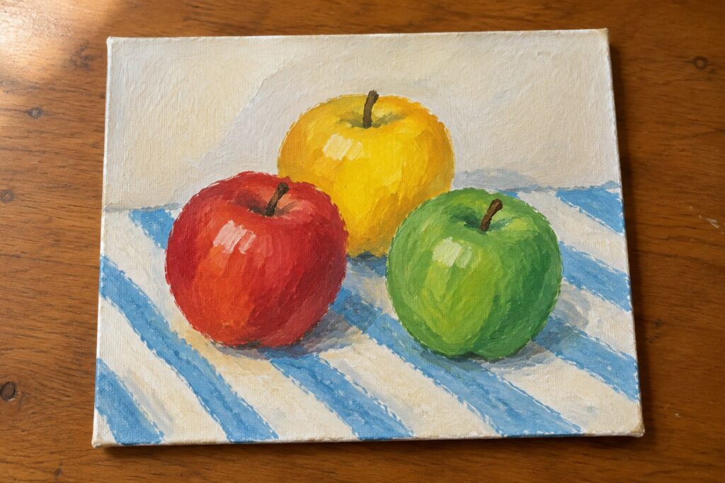 20 Beginner-Friendly Painting Ideas for Small Canvas Boards Three apples in red, yellow, and green on blue striped canvas.
