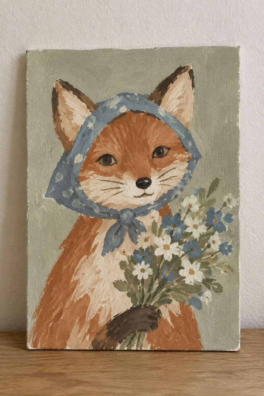 Fox in blue polka-dot bonnet holds bouquet of white and blue flowers