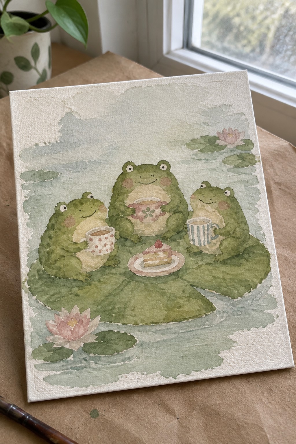 Three green frogs with mugs and cake on lily pads in watercolor pond scene