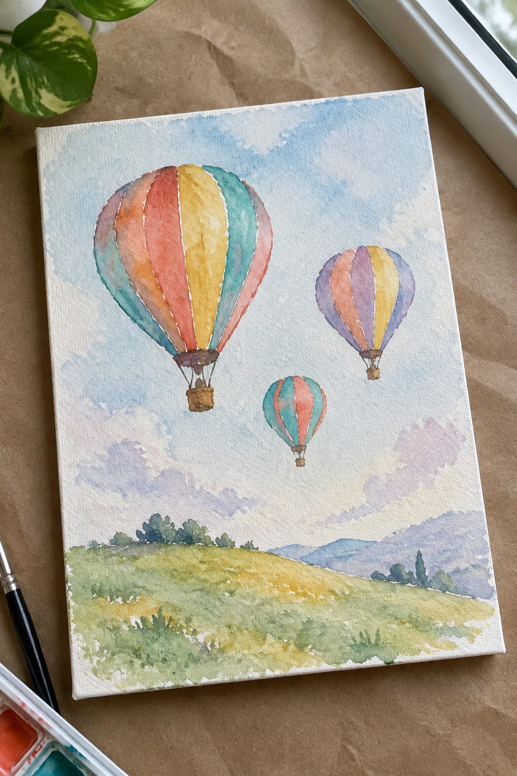 Watercolor painting of three colorful hot air balloons over green hills with paintbrush nearby