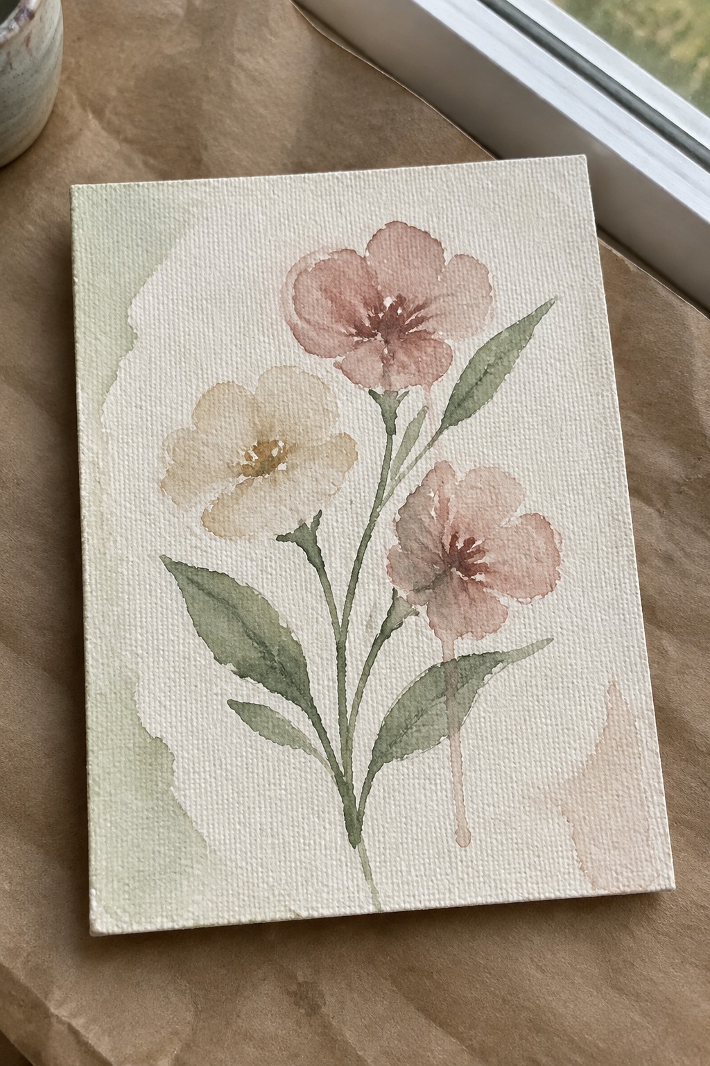 Watercolor canvas with three pink and beige flowers and green leaves.