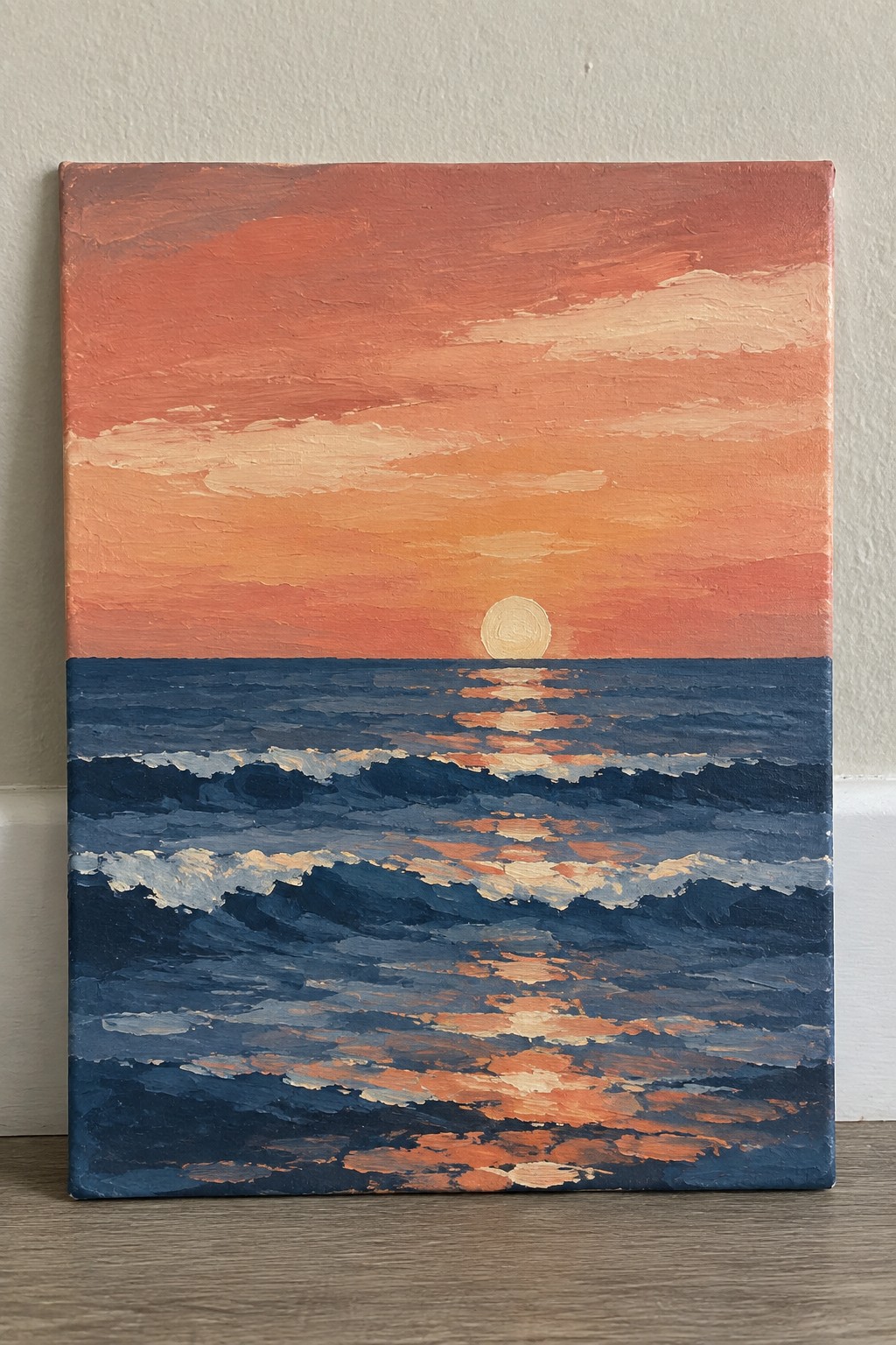 Oil painting of orange sunset over dark blue ocean waves with glowing sun.