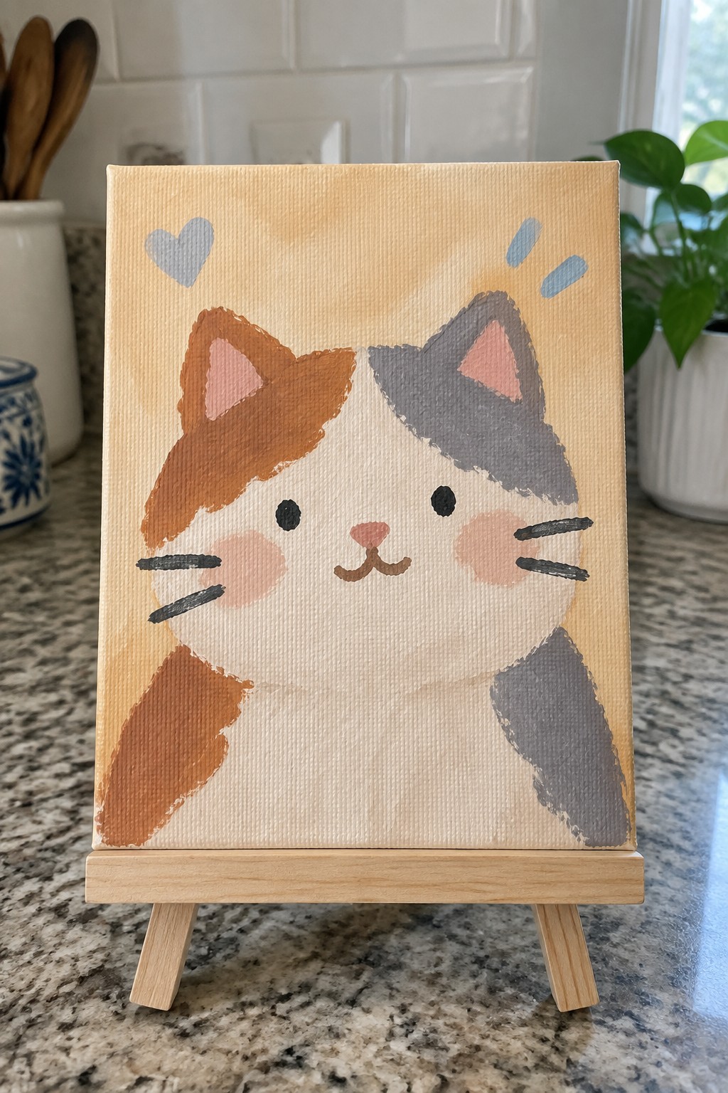 Cute orange and gray cats painted on small canvas atop wooden easel