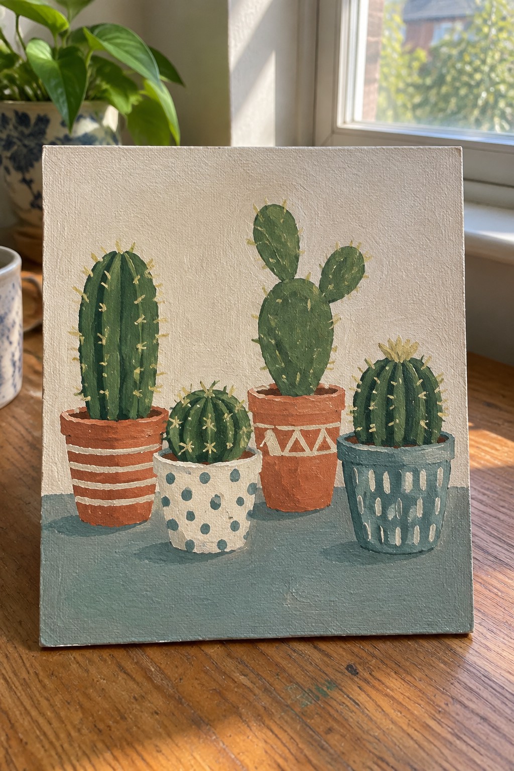Four potted cacti in colorful pots on a wooden table by a window.