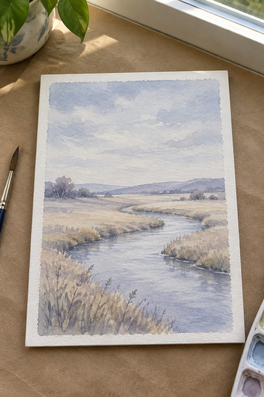 Watercolor landscape of winding river through fields beside paintbrush and palette