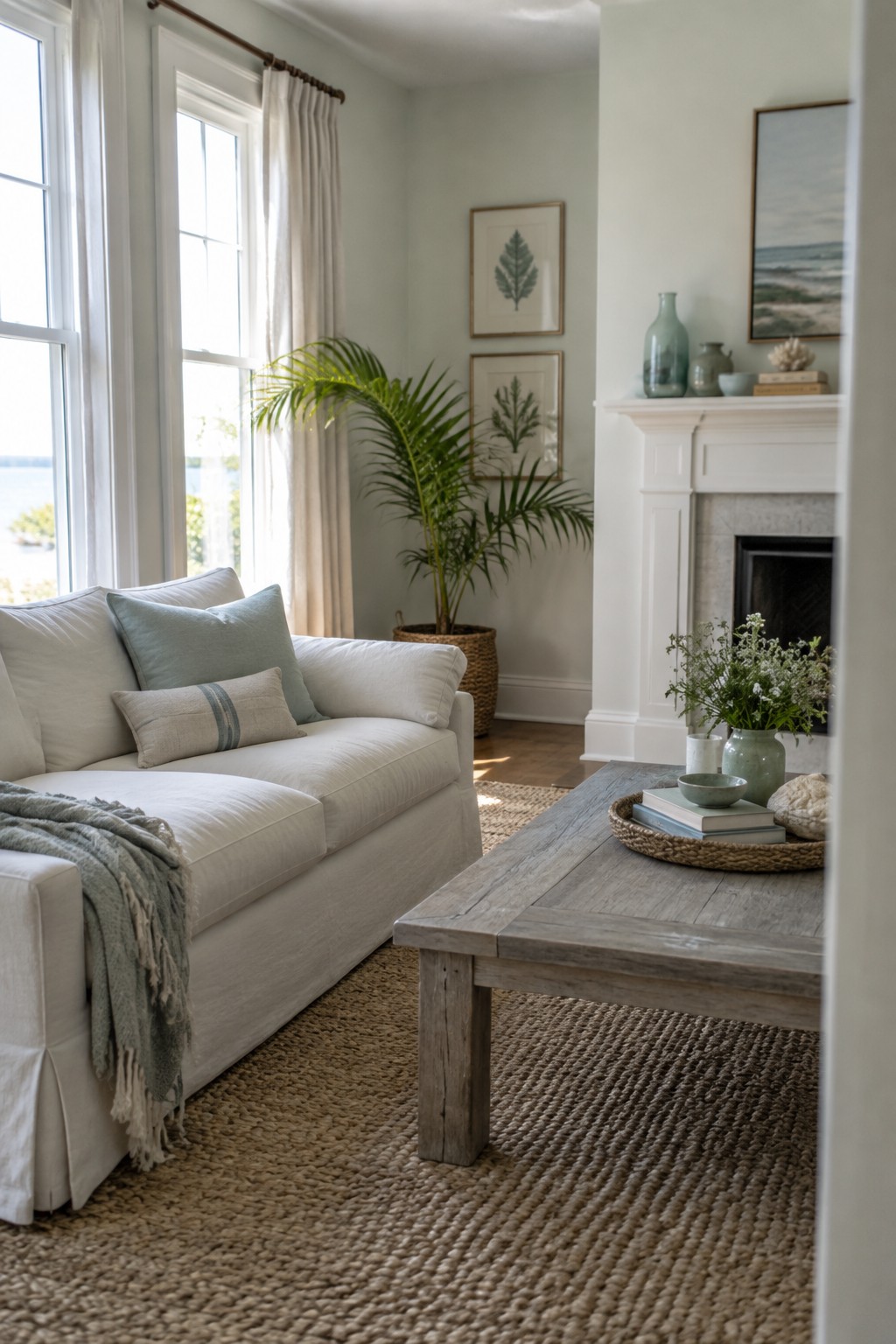 Living room walls painted a soft white with a light green undertone.