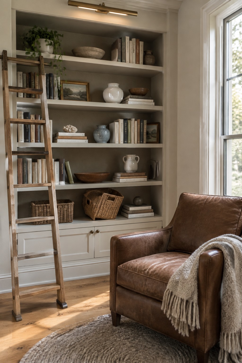 Built-in bookshelves painted in a soft warm white with books, baskets, and decor.