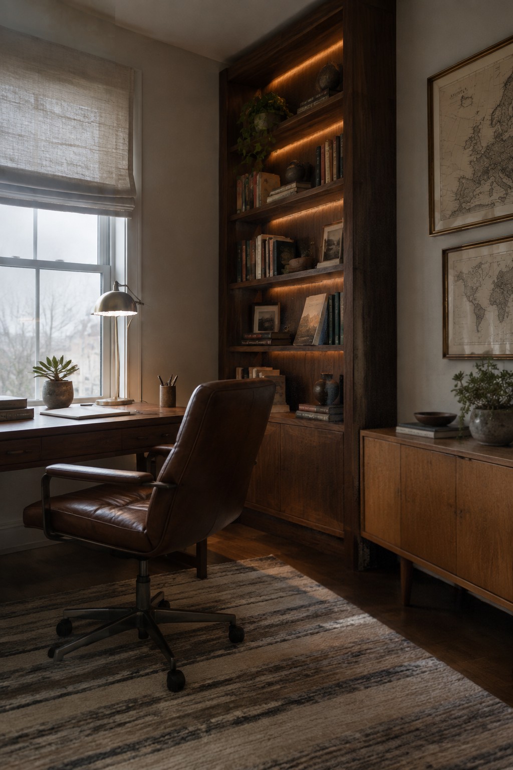 A home office with warm white walls and a dark wood built-in bookshelf.