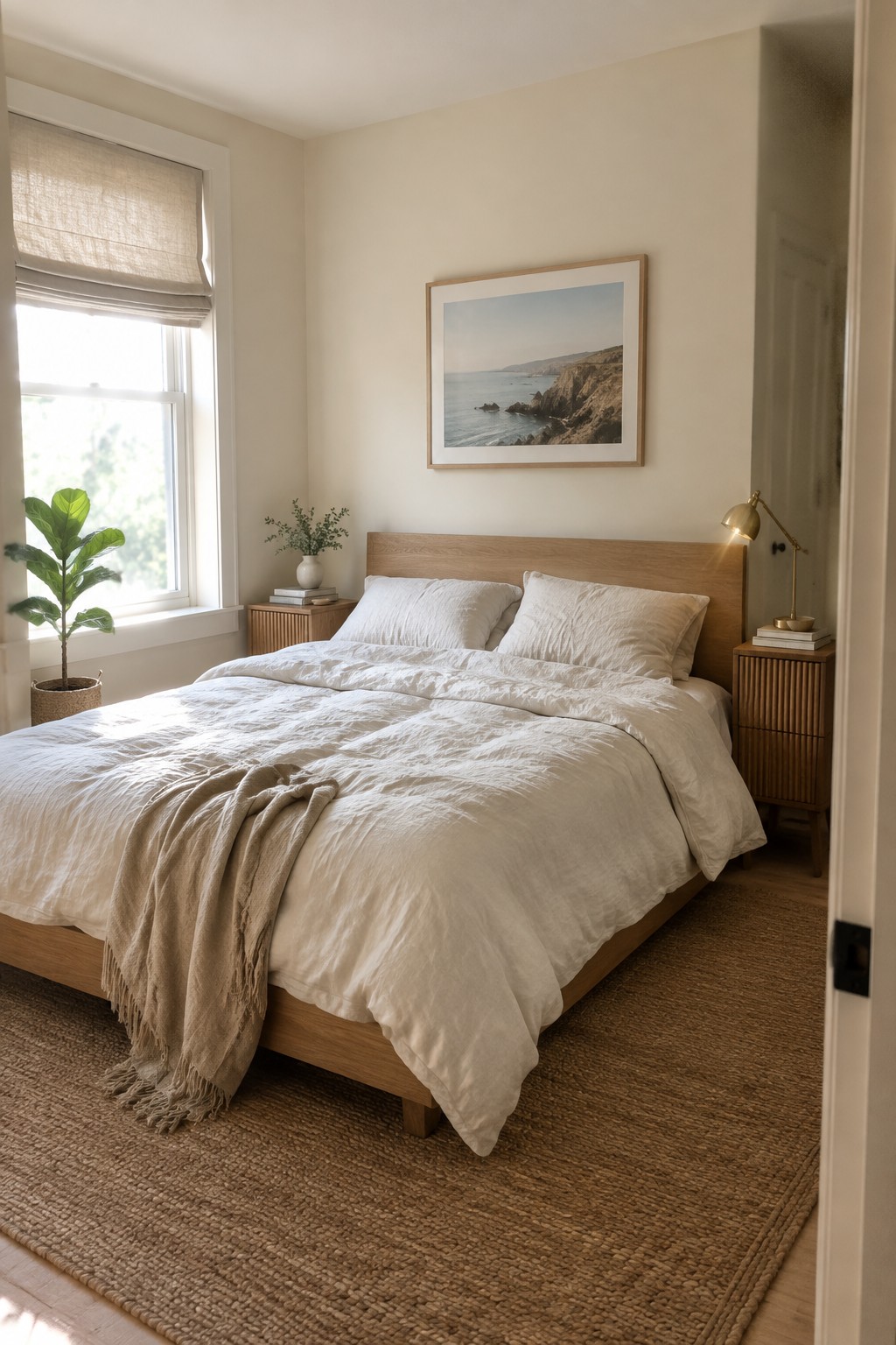 Minimalist bedroom with wooden bed, white linens, coastal artwork, woven rug, and potted plant.
