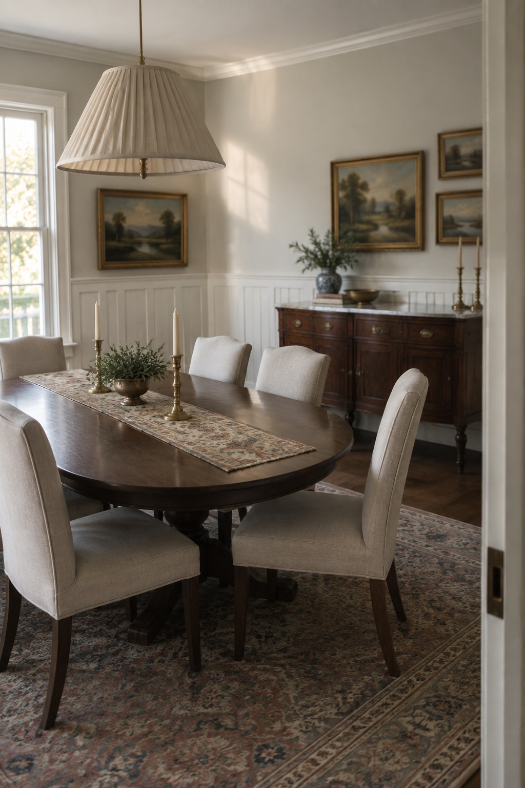 Dining room walls painted in a soft warm white above white wainscoting with dark wood furniture.