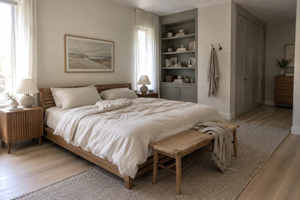 20 Clean Scandinavian Bedroom Paint Colors Built Around Soft White and Muted Gray Bedroom with soft white walls and muted gray built-in shelving beside warm wood furniture.