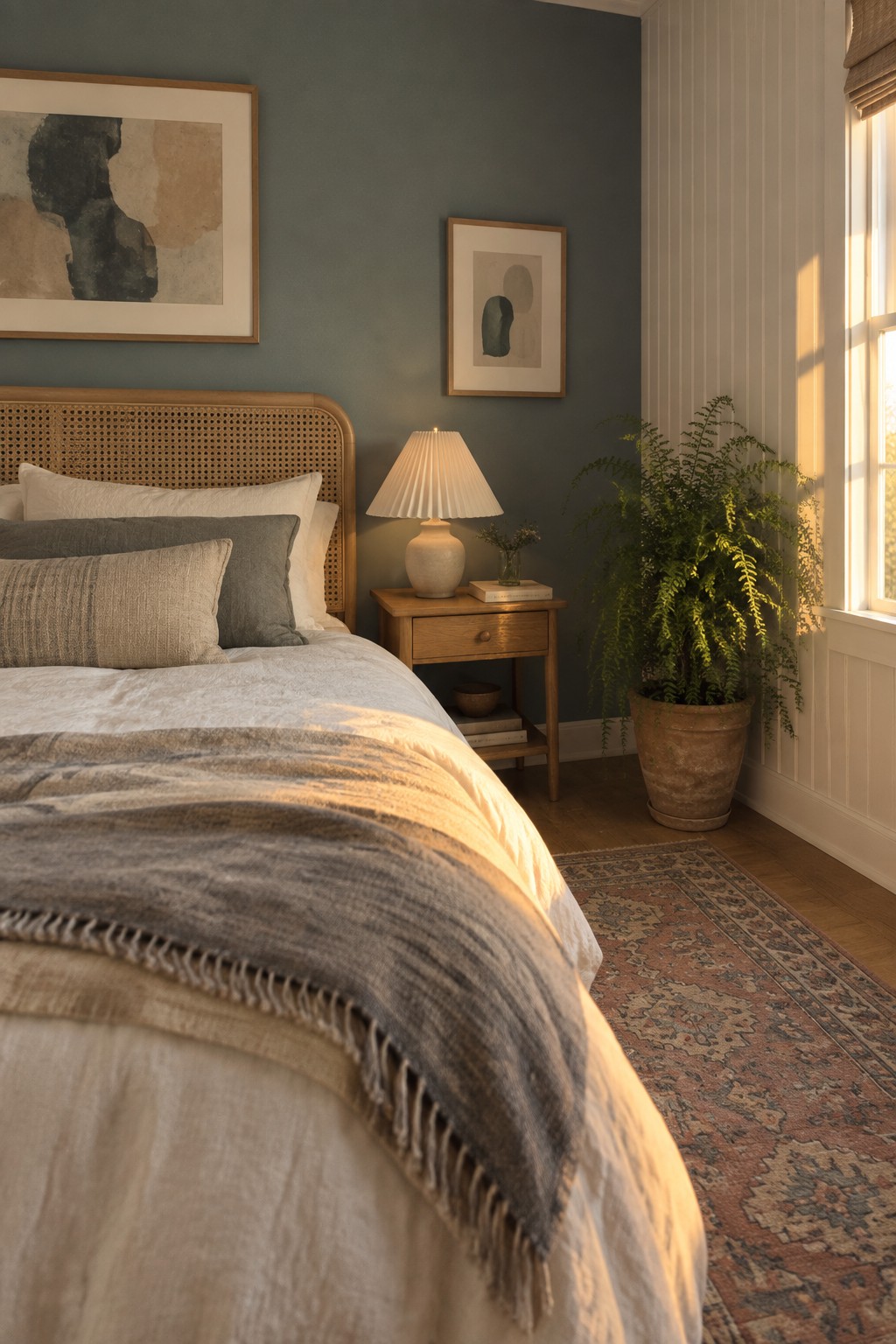 Bedroom walls painted in a soft muted blue gray with wood furniture and white bedding.