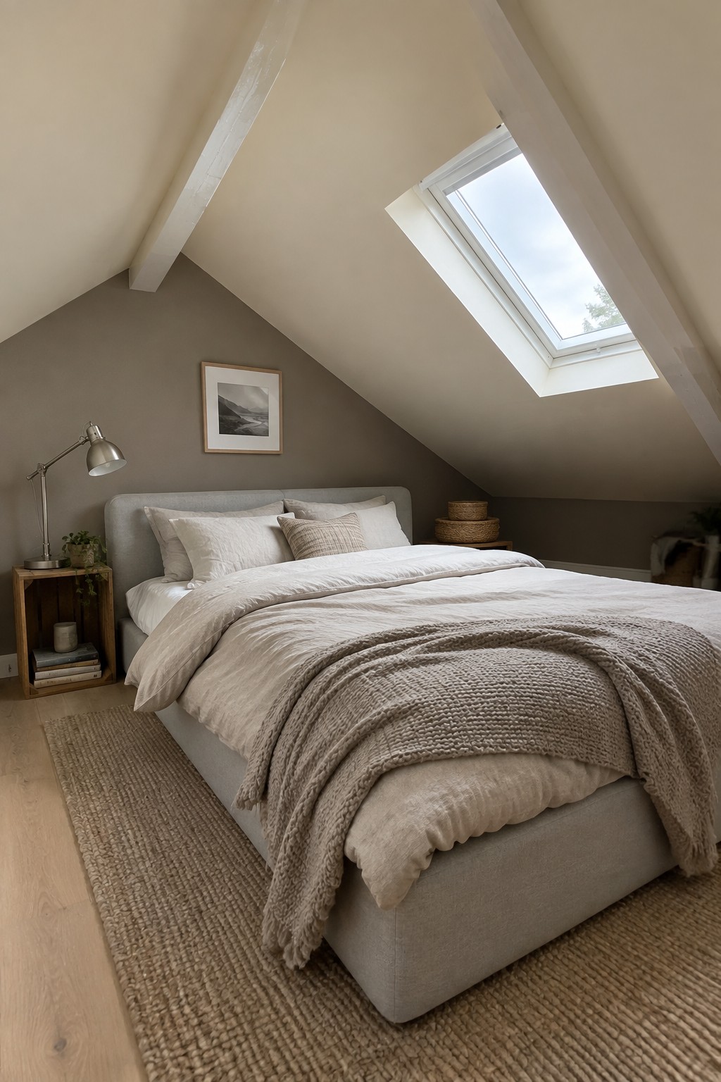 Muted gray walls and sloped ceiling in a Scandinavian-style attic bedroom.