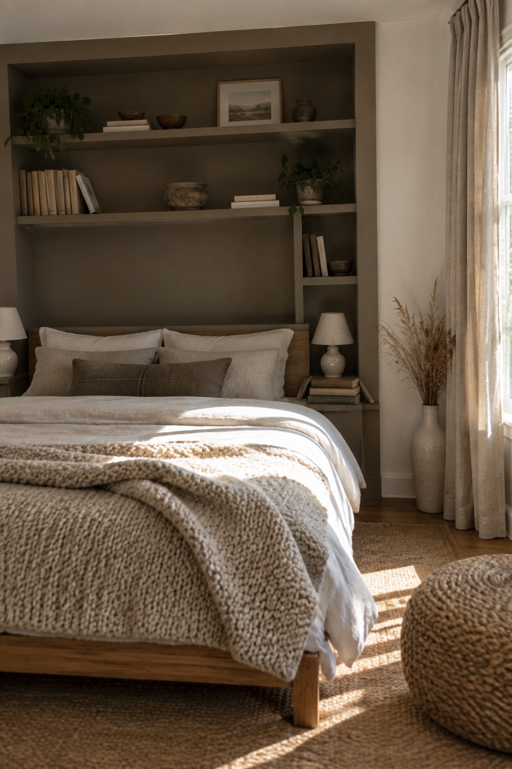 Built-in bedroom shelving and walls painted in a soft muted gray next to warm wood.