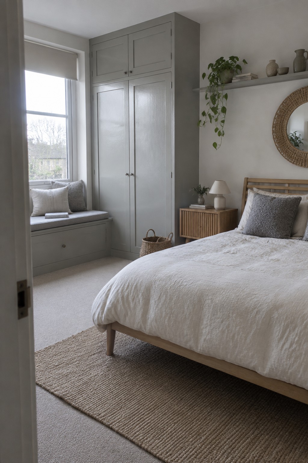 Cozy bedroom with wooden bed, white linens, sage wardrobe, woven rug, and window seat.