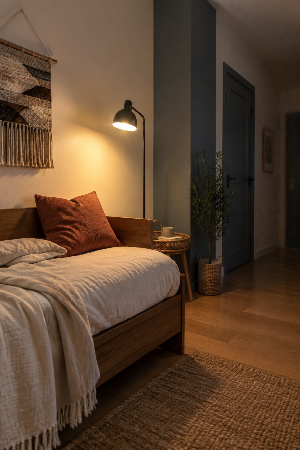 A bedroom wall painted in muted blue-gray next to a warm wood bed frame.