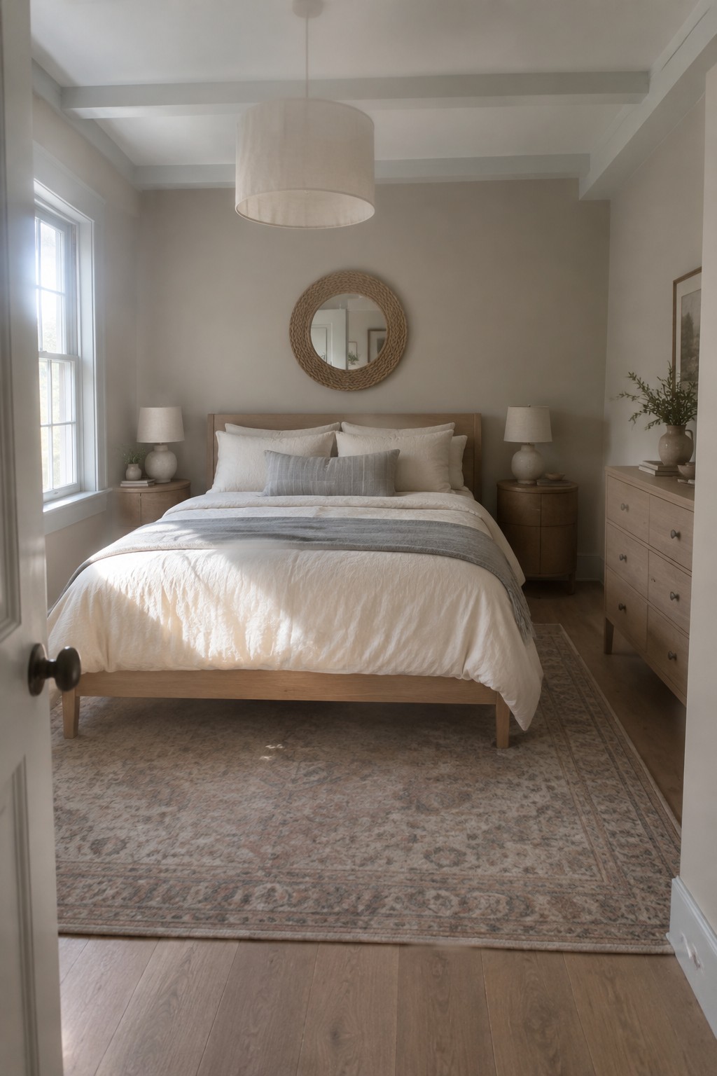 A bedroom with soft muted gray walls, light wood furniture, and a large area rug.