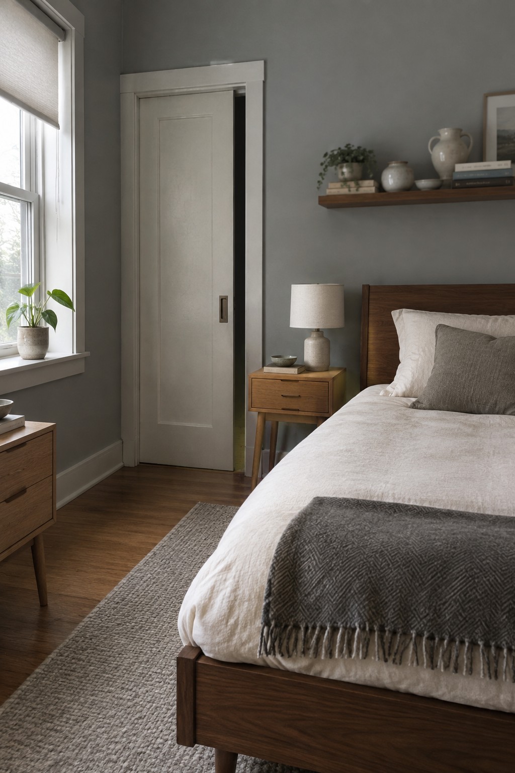 A muted gray bedroom wall next to a wooden bed frame and nightstand.