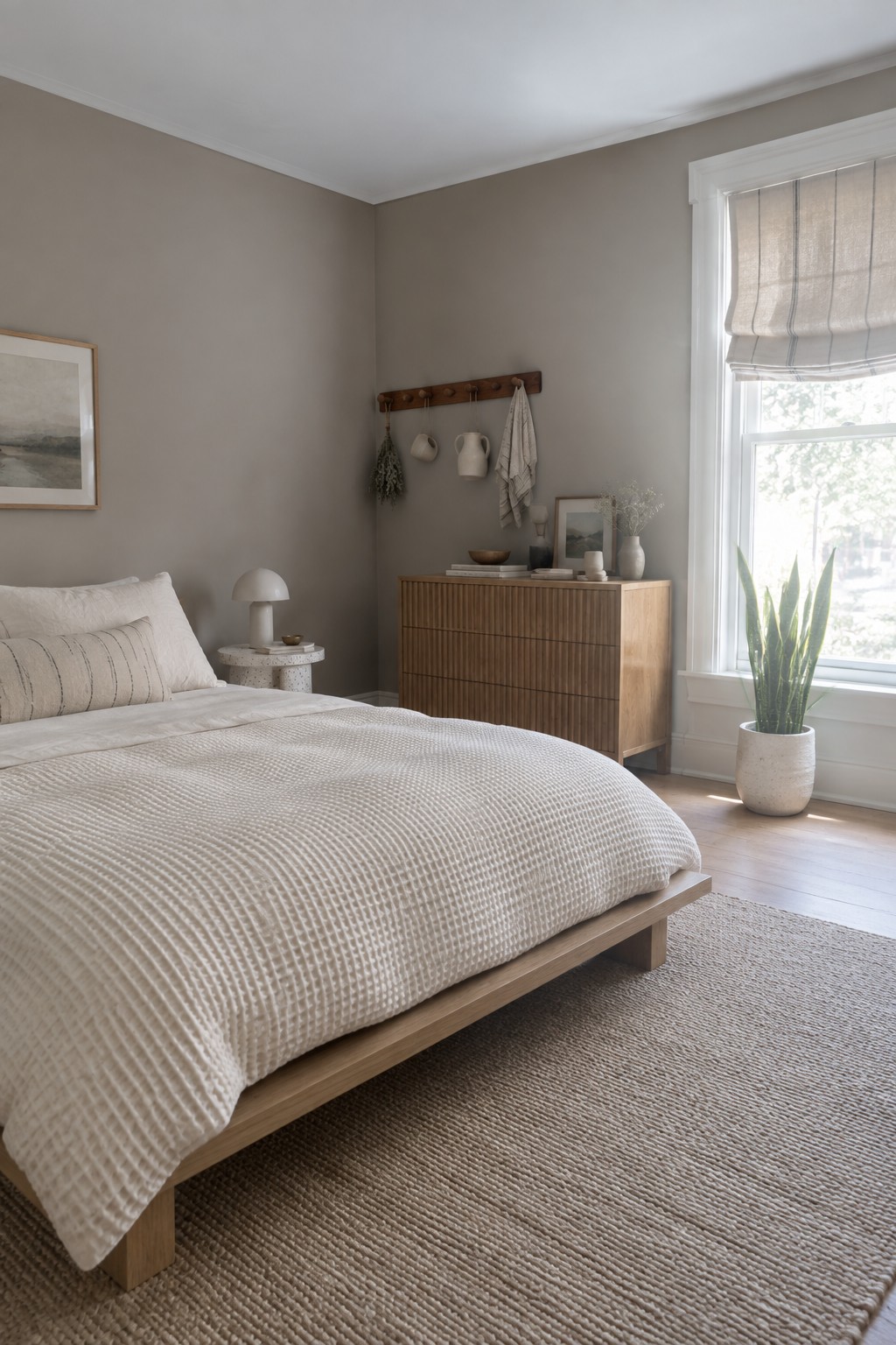 Bedroom walls in a warm muted gray paired with oak furniture and white bedding.