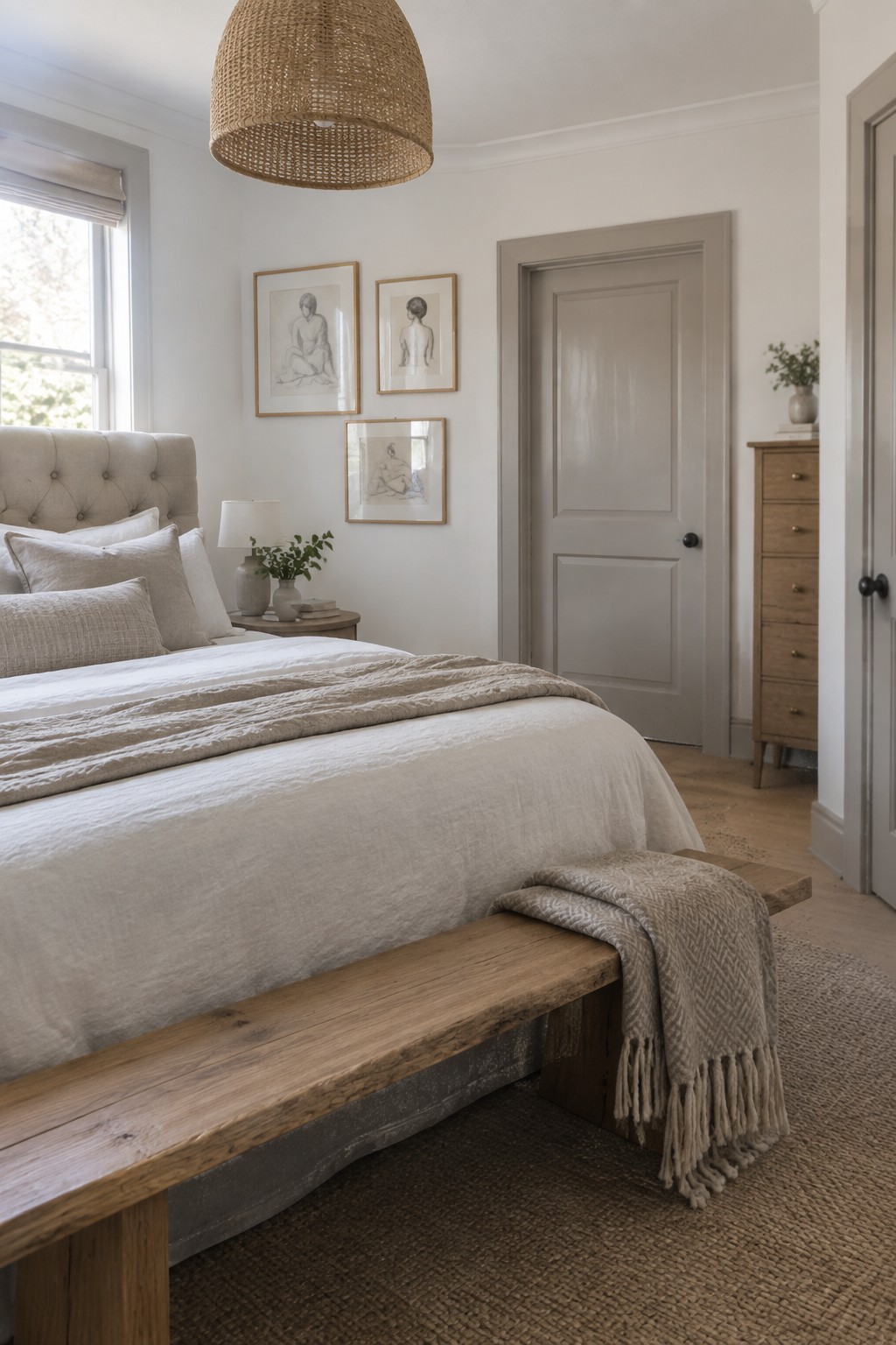 Bedroom walls painted in a soft muted gray next to warm wood accents.