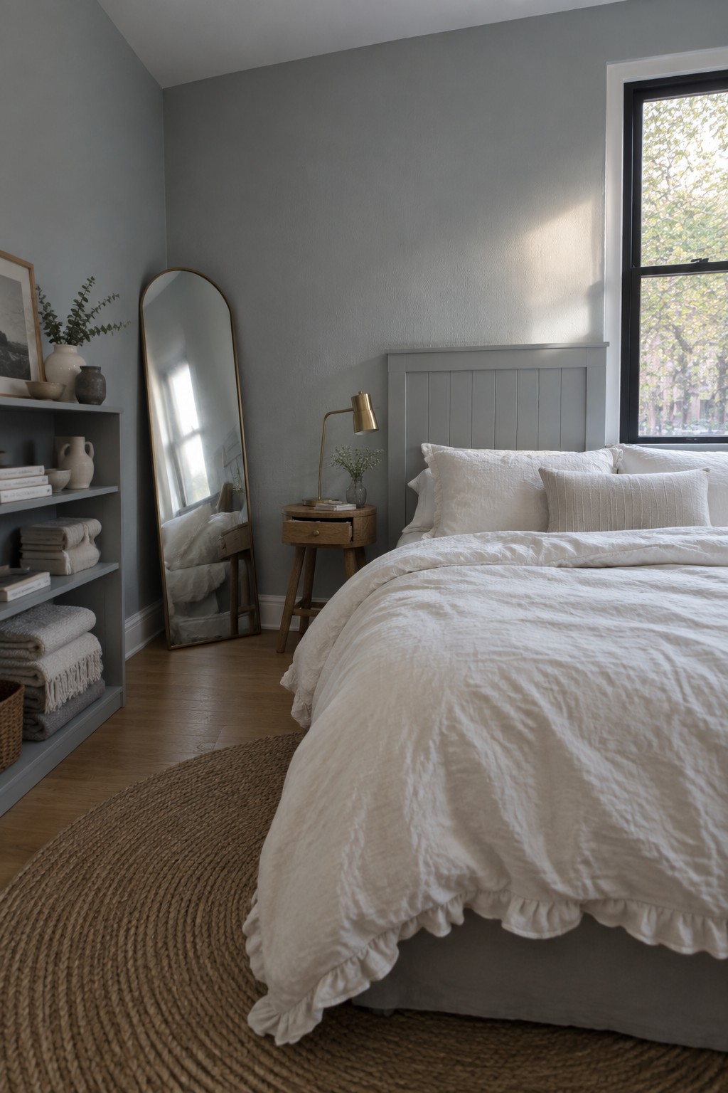 A bedroom featuring muted gray walls, white bedding, and light wood flooring.