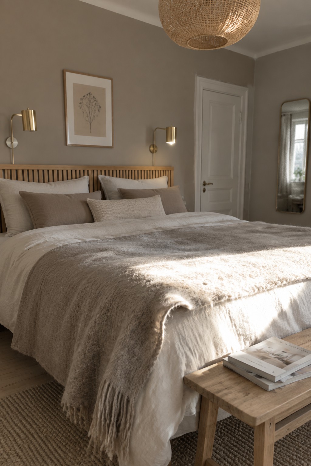 A bedroom with soft muted gray walls and warm wood furniture.