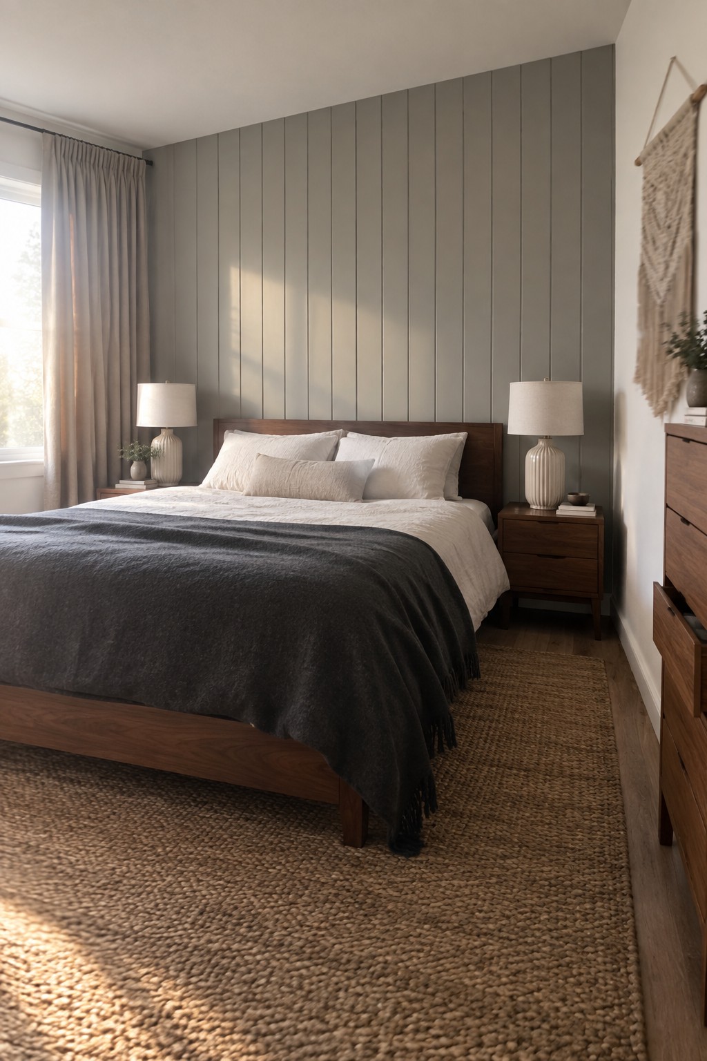 Cozy bedroom with wooden bed, white linens, dark gray throw, and woven rug.