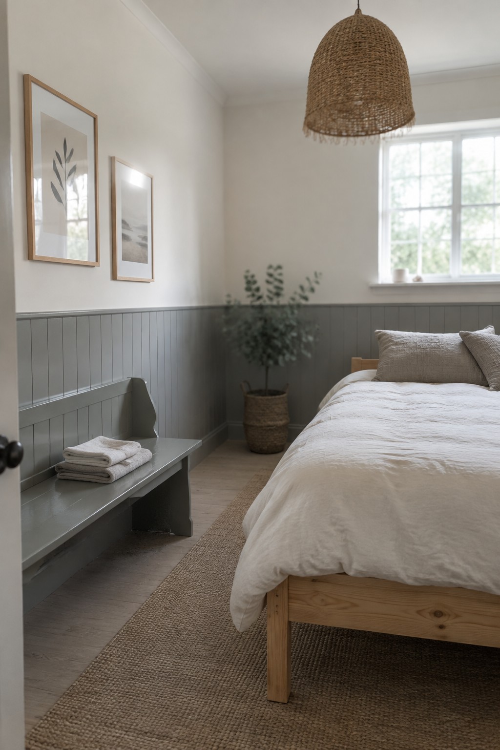 Minimalist bedroom with wooden bed, white linens, gray bench, woven pendant light.