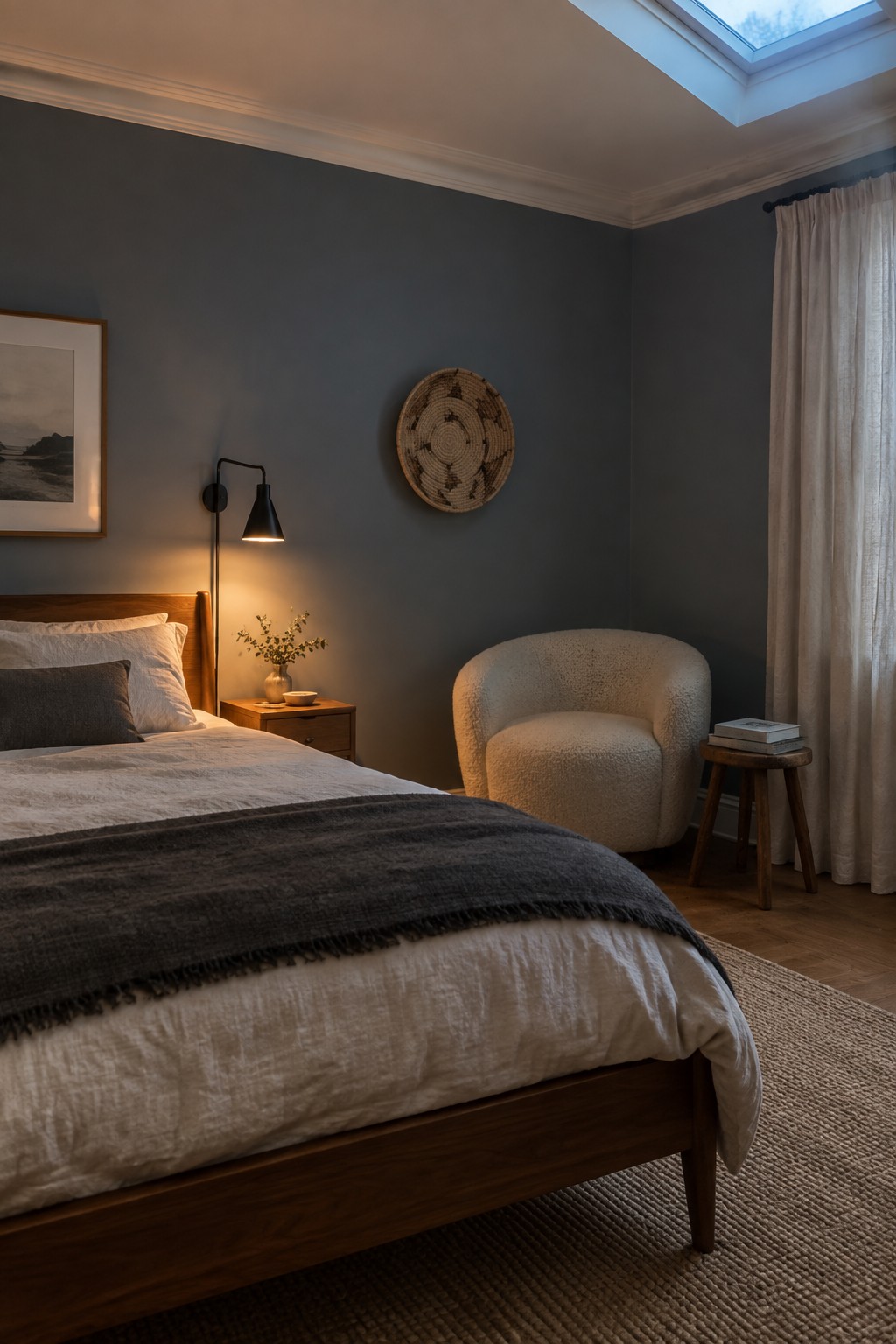 A bedroom with muted gray walls and a wooden bed frame.