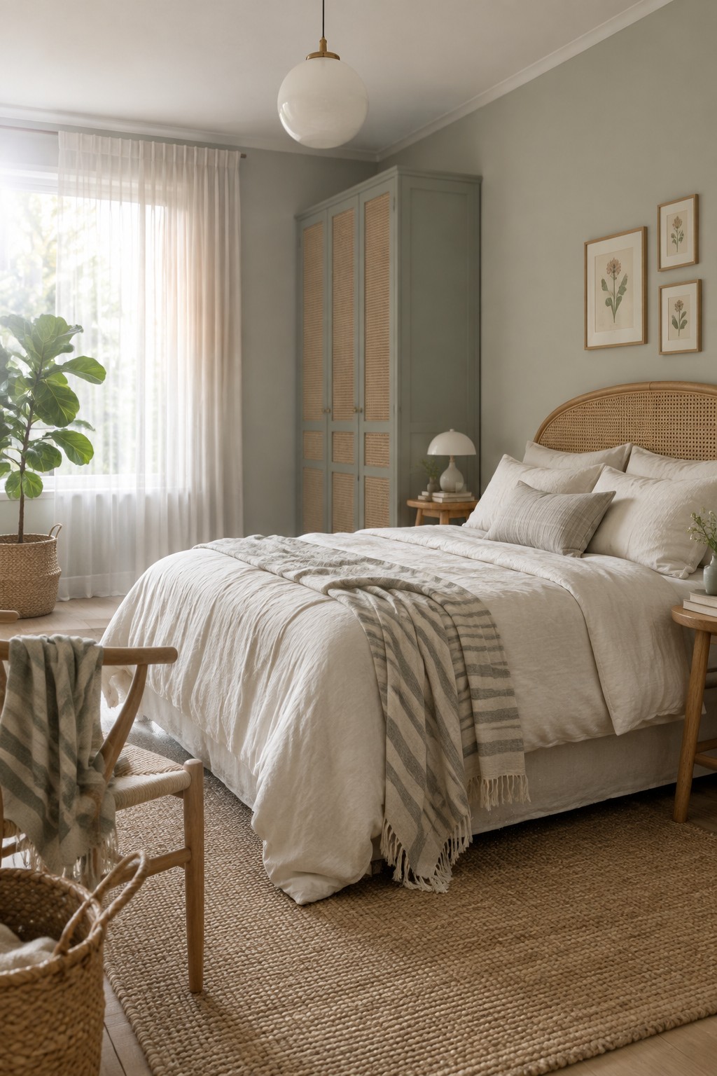 A bedroom with muted sage gray walls, light wood furniture, and white bedding.