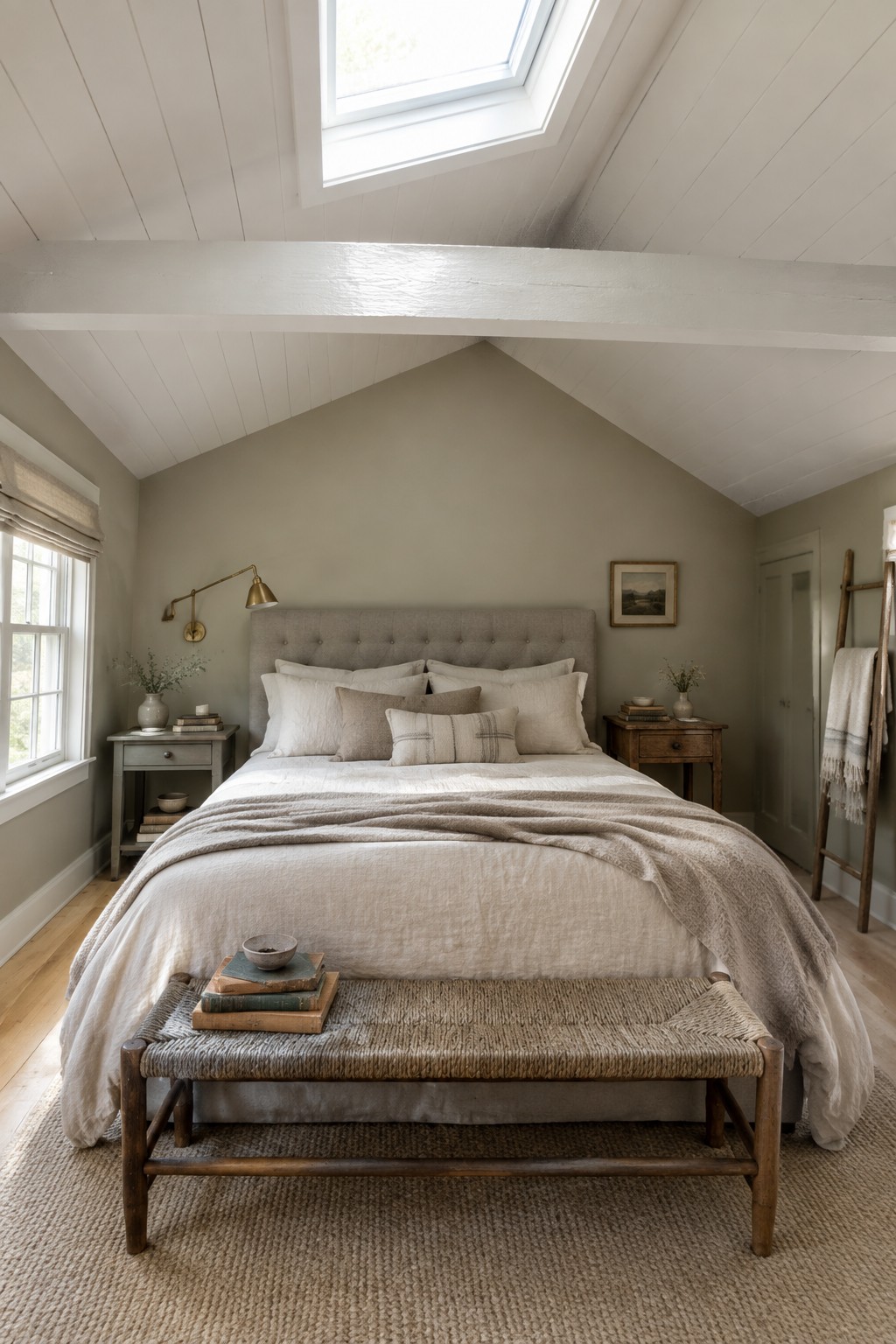 A bedroom featuring soft muted gray walls with a vaulted ceiling and warm wood accents.