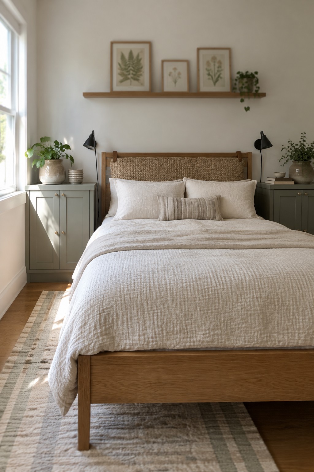 A bedroom with soft white walls, a wooden bed frame, and muted green nightstands.