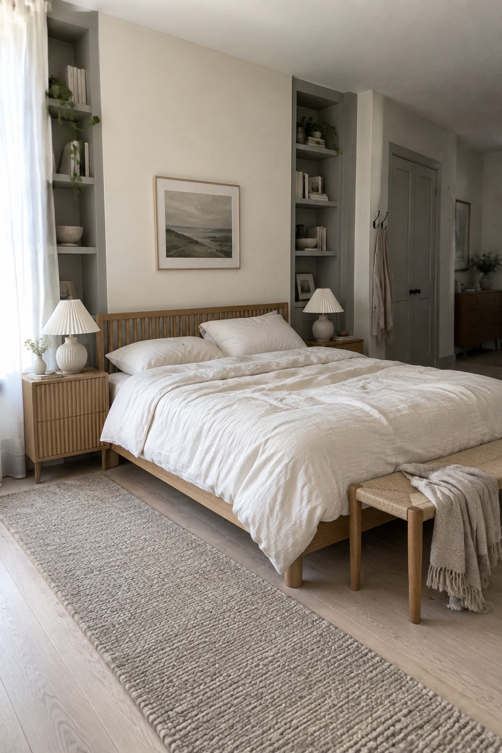 Bedroom with soft white walls and muted gray built-in shelving beside warm wood furniture.