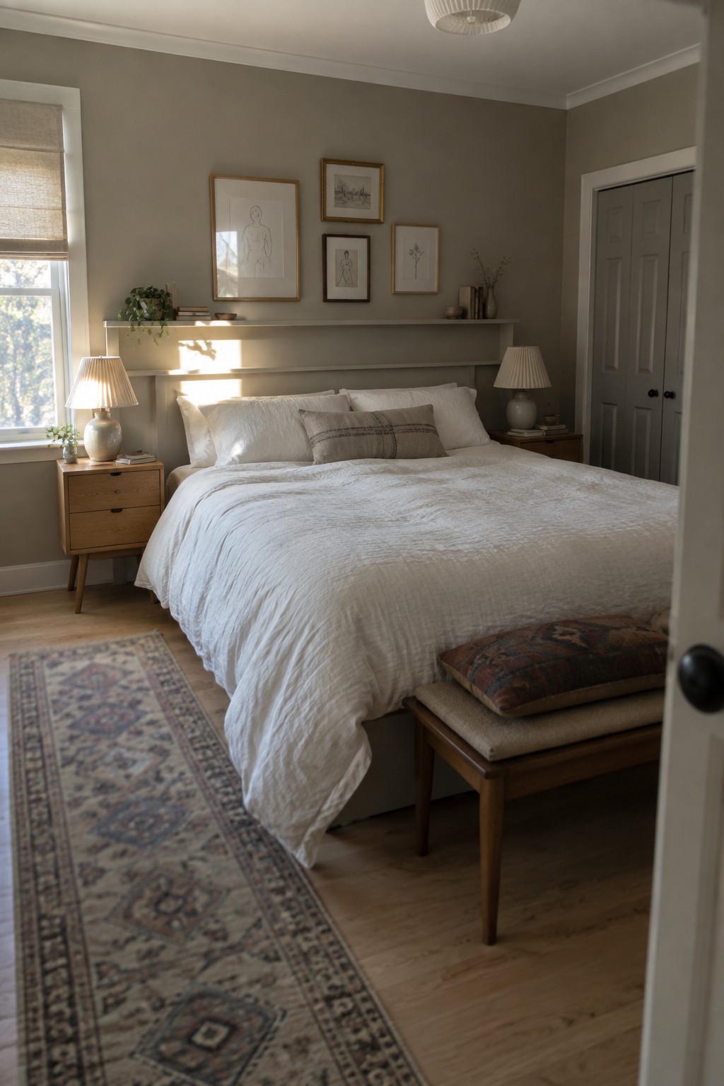 A bedroom with soft muted gray walls, white bedding, and light wood furniture.