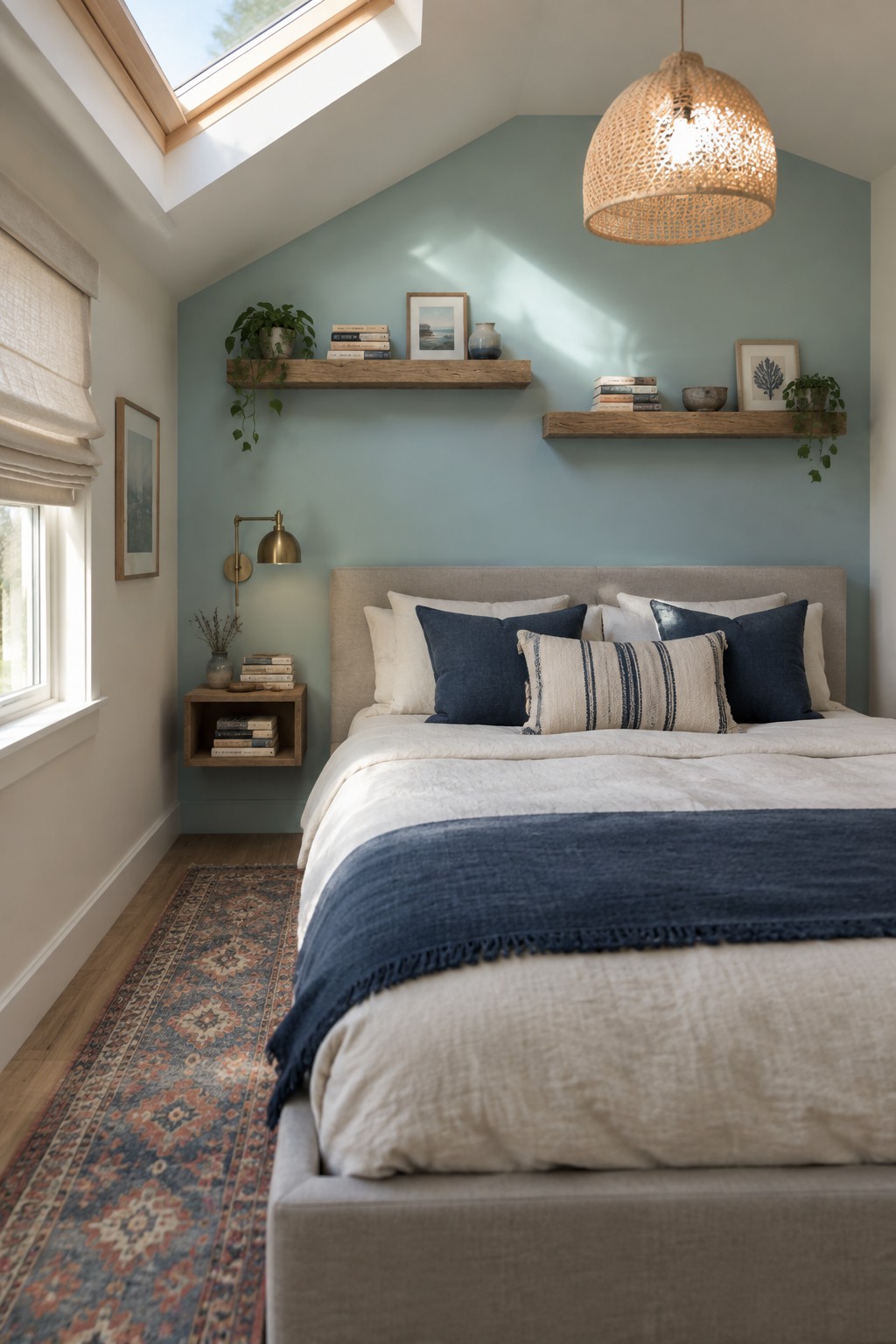 A small bedroom with light green walls, wood shelves, and a sloped ceiling.