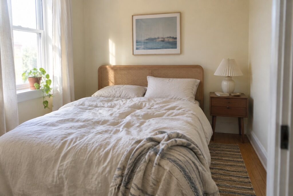 20 Clever Small Bedroom Paint Colors Using High-LRV Light Shades Light warm off-white walls in a small bedroom with wood flooring and a rattan headboard.