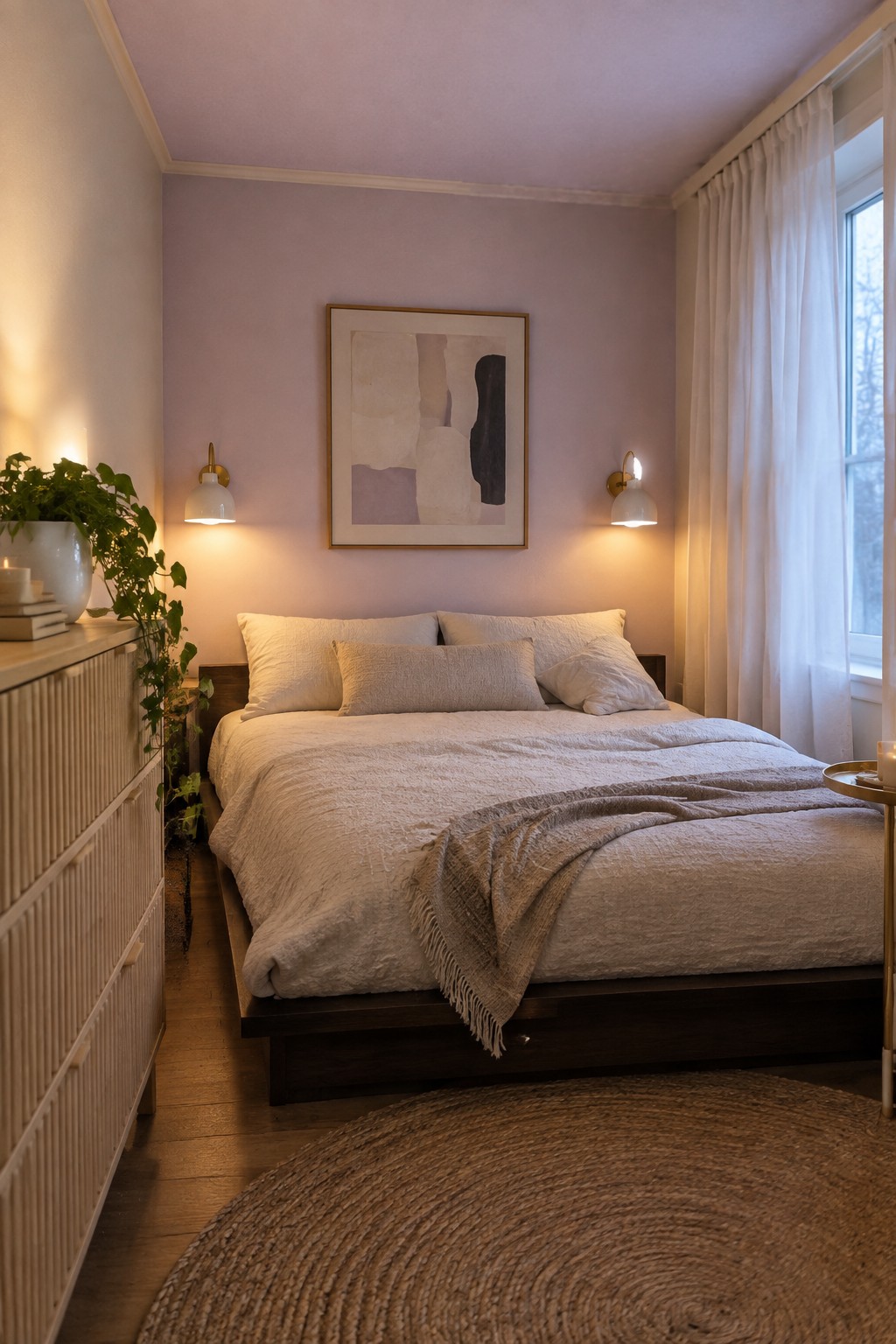 Light lavender walls in a small bedroom with a dark wood bed frame and white bedding.