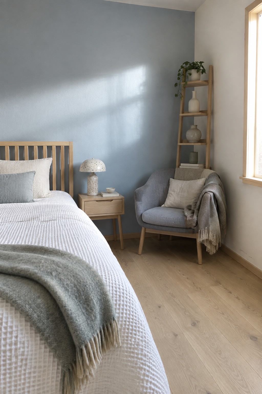 A small bedroom with soft blue gray walls and light oak furniture.