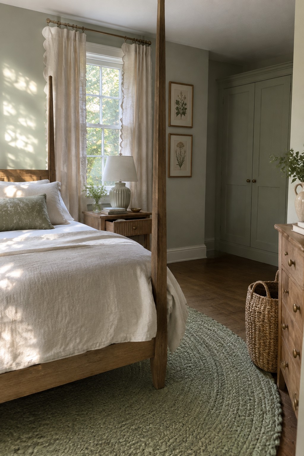 A small bedroom with soft green walls and warm wood furniture.